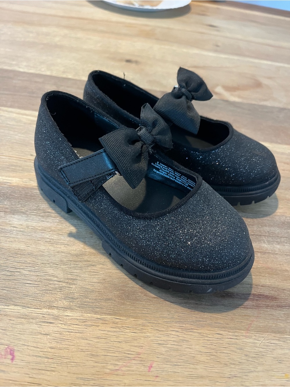Girls' Black Glitter Mary Jane Shoes with Bow Accent